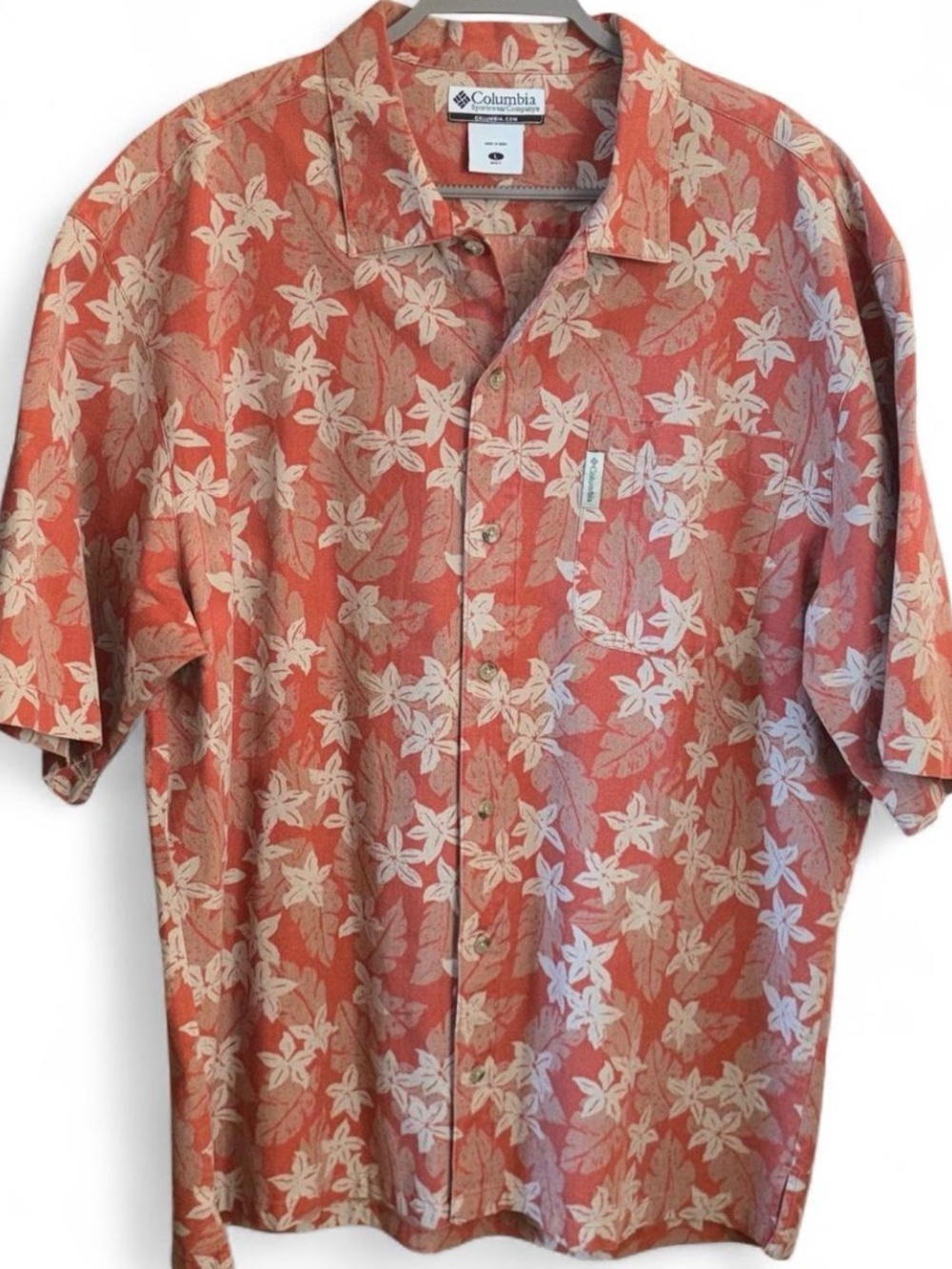 Columbia Sportswear Button Up Shirt Tropical Floral Print Mens L /XL Beach Vacay